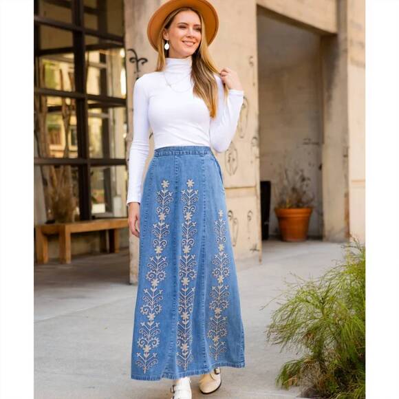YOUNG THREADS Dresses & Skirts - NEW YOUNG THREADS a-line high waist hand embroidery denim western skirt in blue